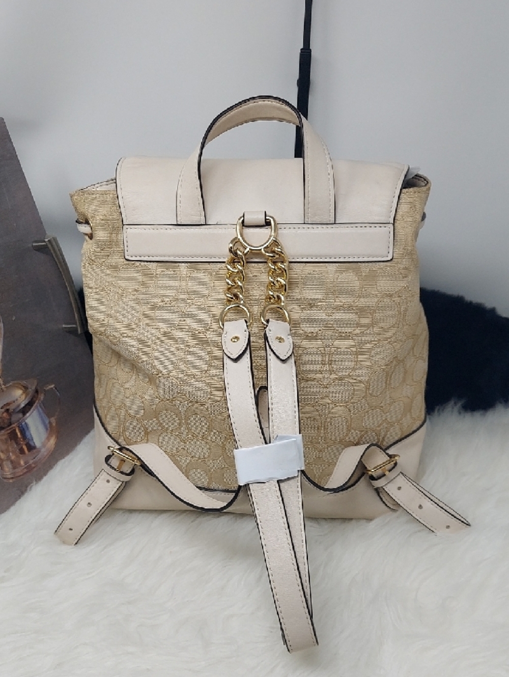 Coach Two-Tone Beige Signature Elle Canvas Backpack with Leather Flap - Picture 5 of 7